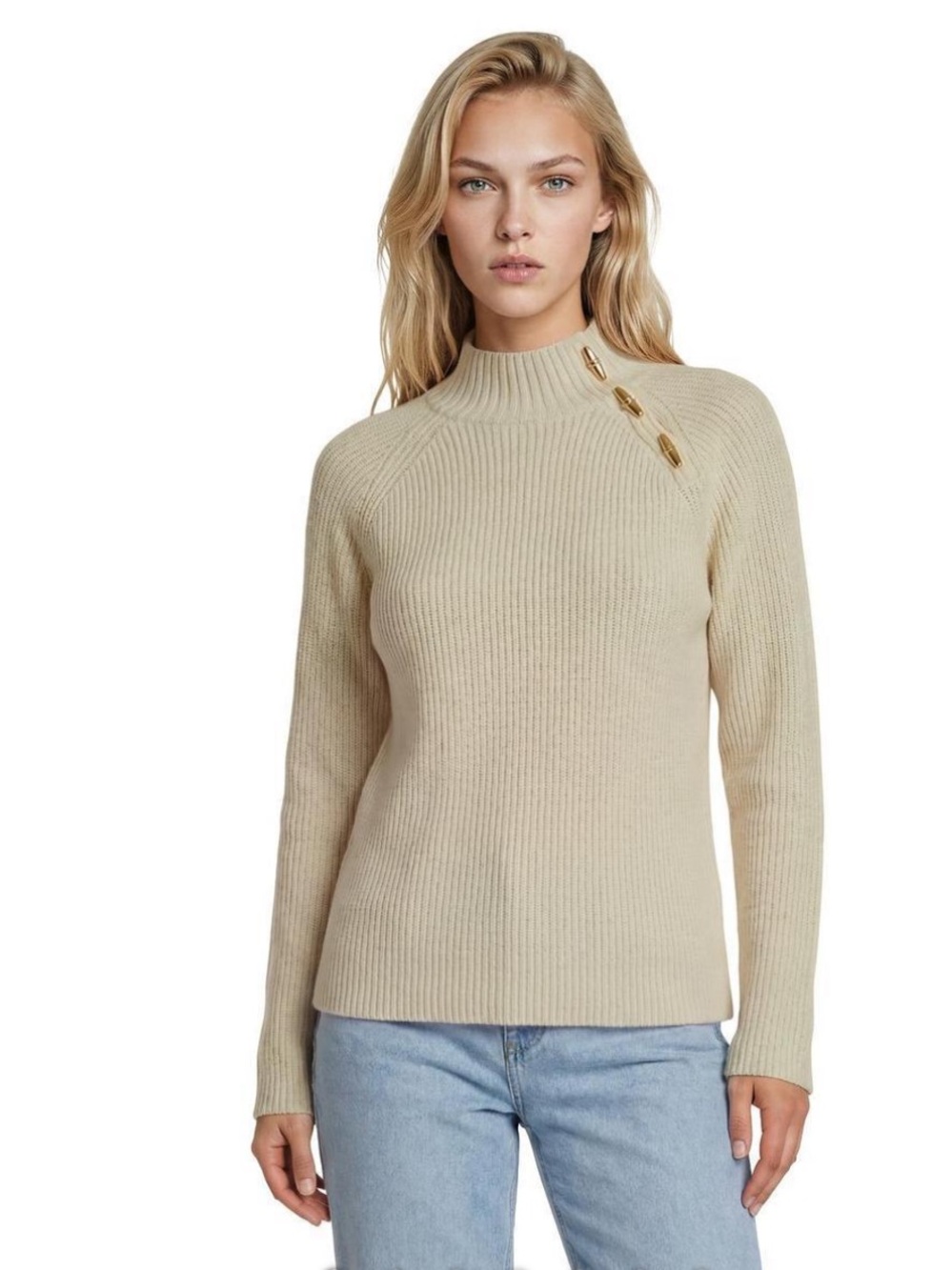 Lauren Ralph Lauren Cream Ribbed Button-Shoulder Turtleneck